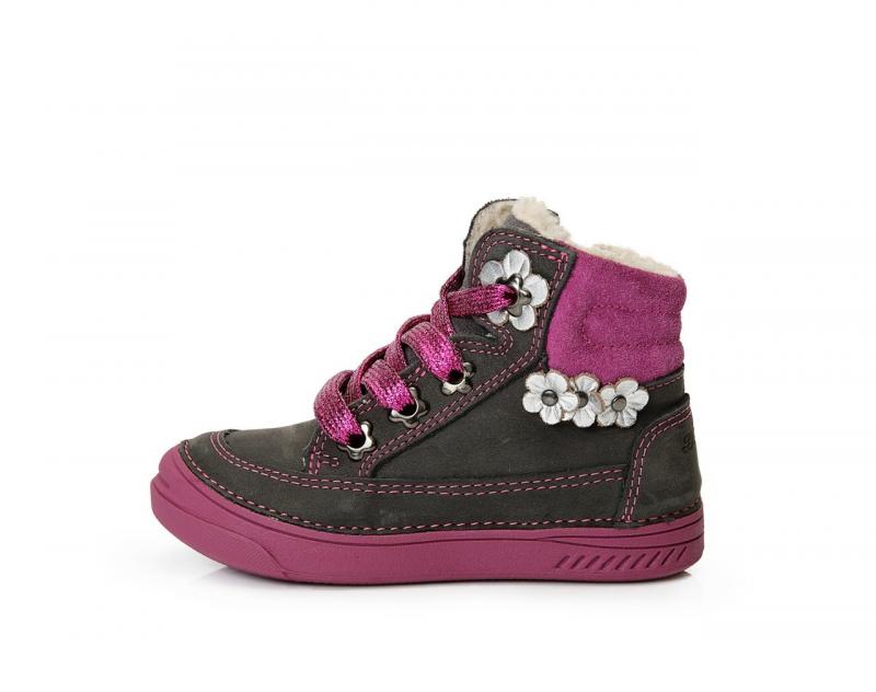 D.D.step sivo fialové šnurovacie detské topánky s kožusinou vysoké 25-30  na boku na zips
